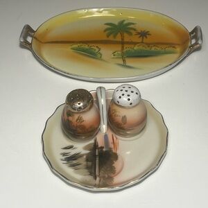 Vintage Japanese Hand Painted Tray Salt Pepper Set Shofu Made in Japan